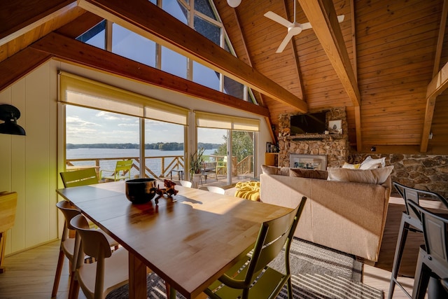 dining room featuring beam ceiling, a water view, wood ceiling, a fireplace, and light hardwood / wood-style floors