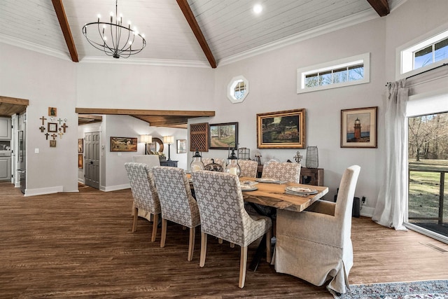 dining area featuring a high ceiling, dark wood-type flooring, an inviting chandelier, and beam ceiling