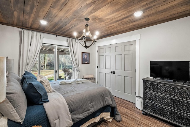 bedroom featuring hardwood / wood-style floors, a notable chandelier, and wooden ceiling