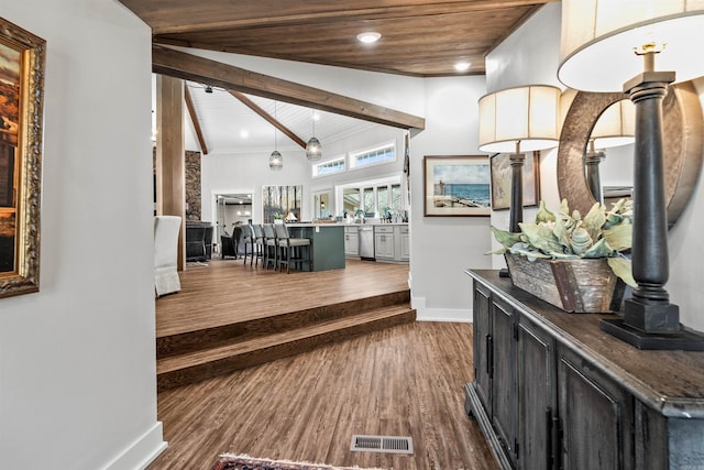 hallway with wood ceiling, dark wood-type flooring, high vaulted ceiling, and beamed ceiling