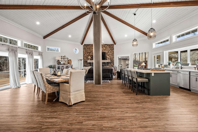 dining room featuring beamed ceiling, a healthy amount of sunlight, dark hardwood / wood-style flooring, and high vaulted ceiling