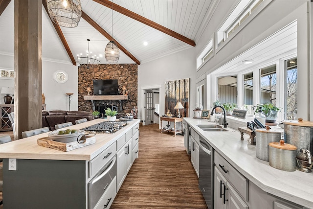 kitchen with a kitchen island with sink, plenty of natural light, beamed ceiling, and appliances with stainless steel finishes