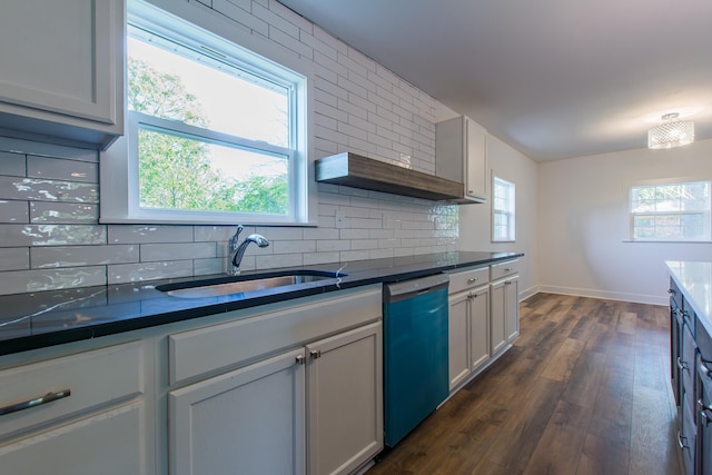 kitchen with sink, stainless steel dishwasher, backsplash, and dark hardwood / wood-style floors