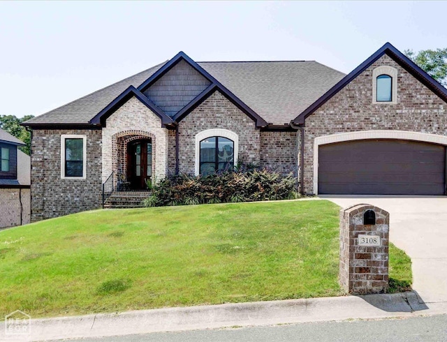 french country style house featuring a front lawn