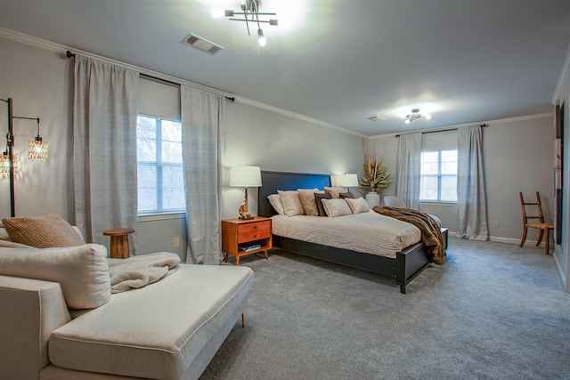 bedroom with crown molding and carpet