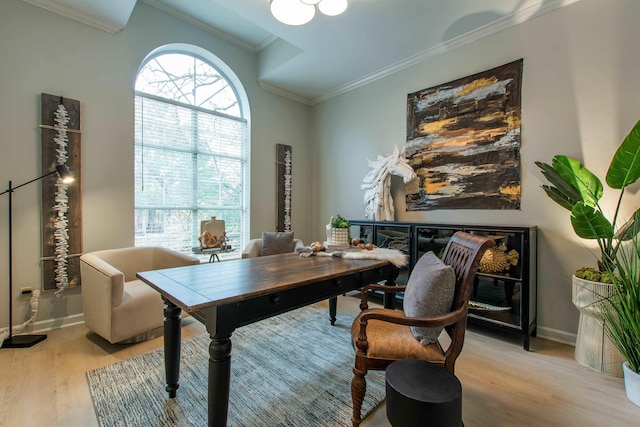 office with light hardwood / wood-style flooring and ornamental molding