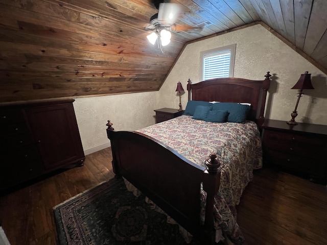 bedroom featuring dark hardwood / wood-style flooring, wood ceiling, lofted ceiling, and ceiling fan