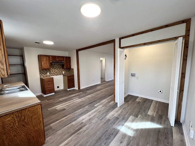 kitchen featuring dark hardwood / wood-style floors, sink, and decorative backsplash