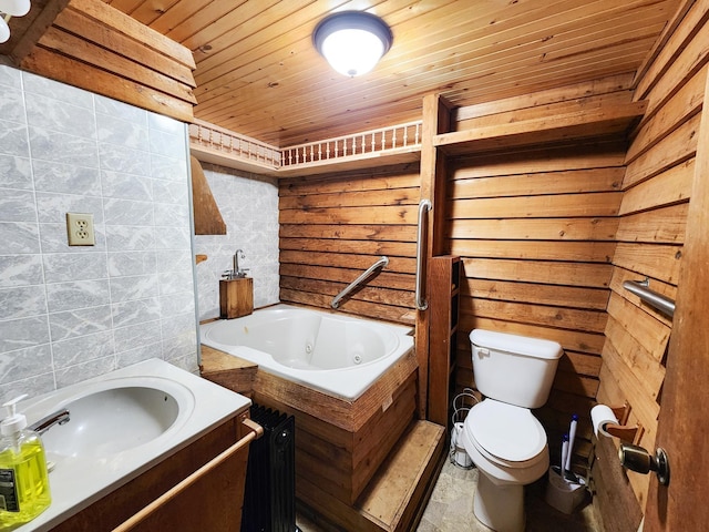 868 River Bend Cv, El Dorado, AR 71730 - bathroom featuring sink, tile walls, a bath, wooden ceiling, and toilet