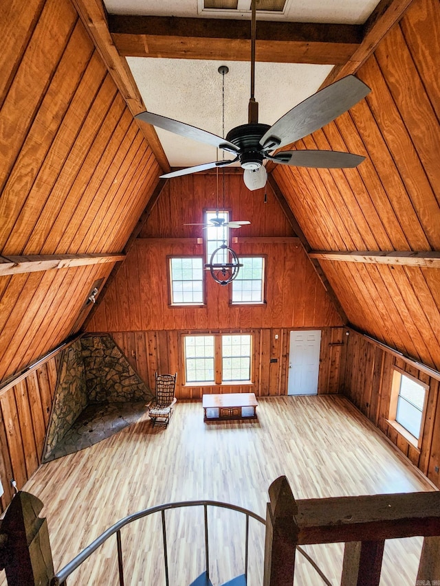 868 River Bend Cv, El Dorado, AR 71730 - additional living space with wooden ceiling, lofted ceiling, hardwood / wood-style floors, and wood walls