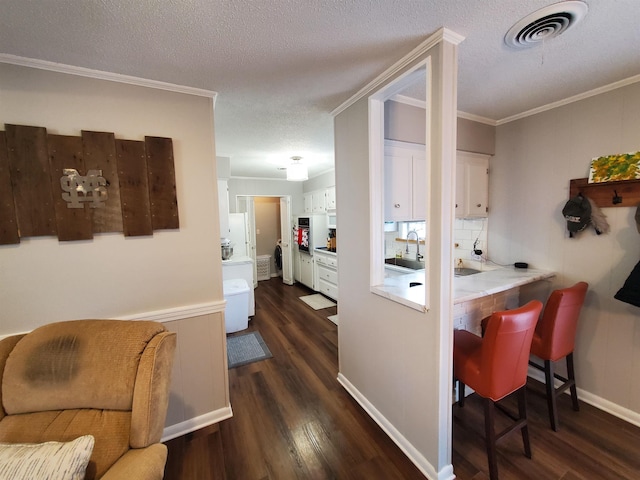 interior space featuring dark wood-type flooring, crown molding, sink, and a textured ceiling