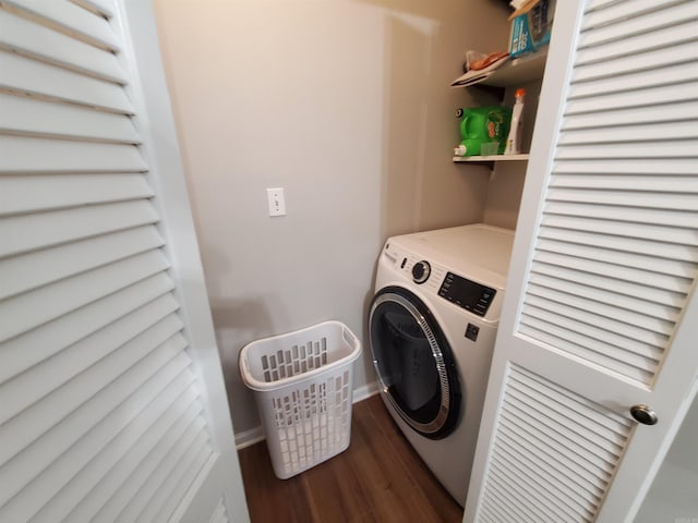laundry room with washer / clothes dryer and dark hardwood / wood-style floors