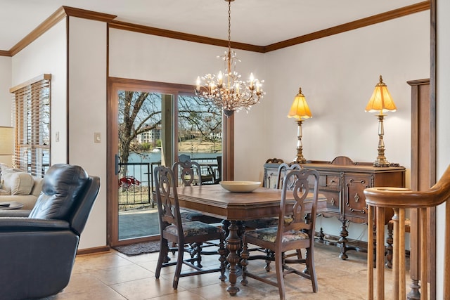 dining room with a notable chandelier, light tile patterned floors, and ornamental molding