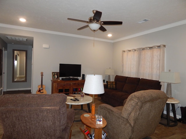 living room with crown molding and ceiling fan