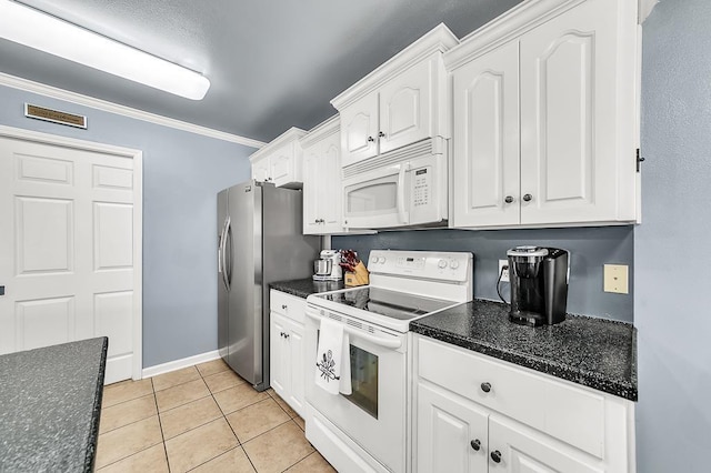 kitchen with white cabinetry, ornamental molding, light tile patterned flooring, and white appliances