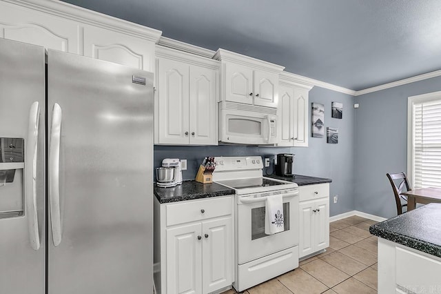 kitchen featuring white appliances, ornamental molding, light tile patterned floors, and white cabinets