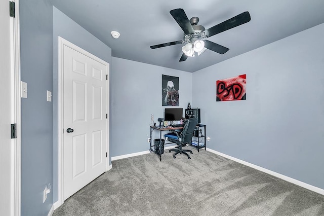 carpeted office with ceiling fan