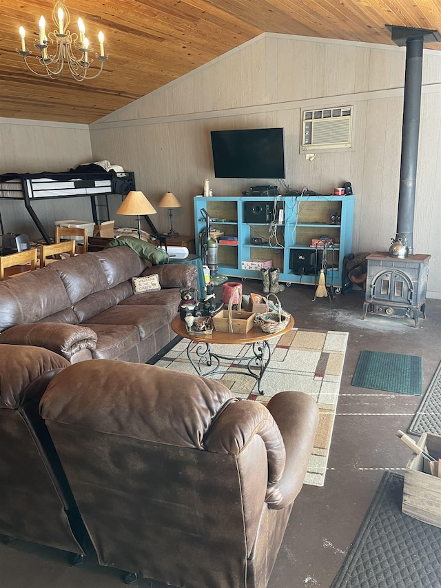 living room featuring a wall mounted AC, wood ceiling, a wood stove, and lofted ceiling