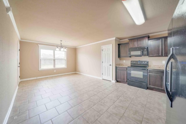 kitchen with dark brown cabinetry, a notable chandelier, ornamental molding, and black appliances