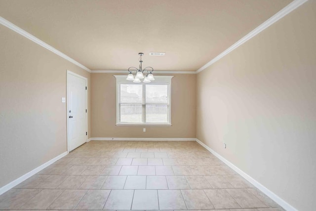 unfurnished room featuring ornamental molding, light tile patterned floors, and a chandelier