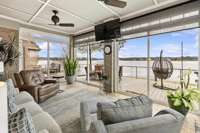 sunroom / solarium featuring coffered ceiling and ceiling fan