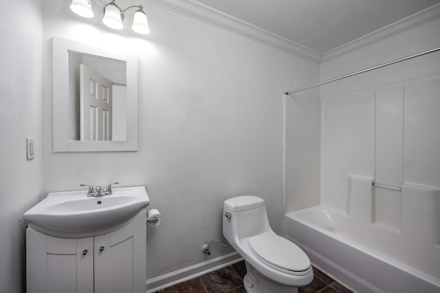 full bathroom featuring ornamental molding, vanity, toilet, and shower / bathtub combination