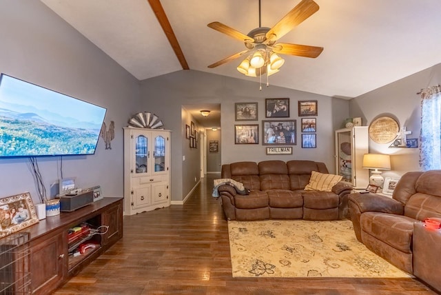 living room featuring lofted ceiling, ceiling fan, and dark hardwood / wood-style floors