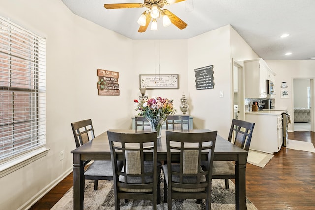 dining room with ceiling fan, a wealth of natural light, and dark hardwood / wood-style flooring