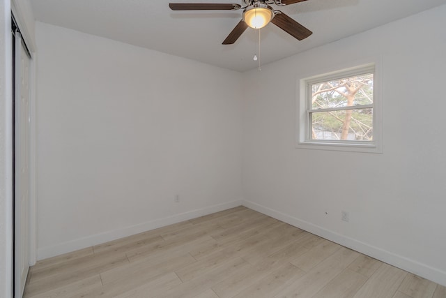 empty room featuring ceiling fan and light hardwood / wood-style flooring