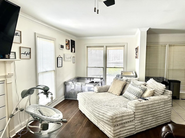 living room featuring ornamental molding and dark hardwood / wood-style floors