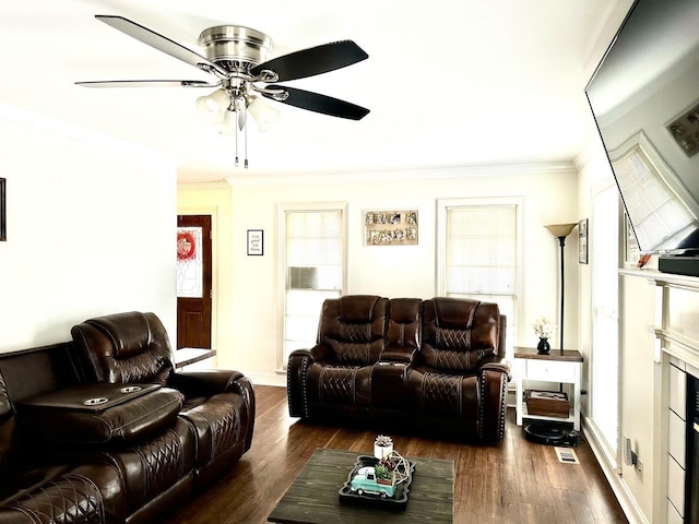 living room with ceiling fan, ornamental molding, dark wood-type flooring, and a wealth of natural light