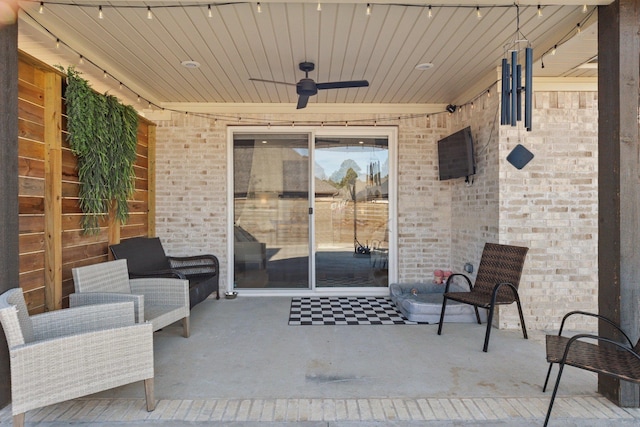 view of patio with ceiling fan and outdoor lounge area