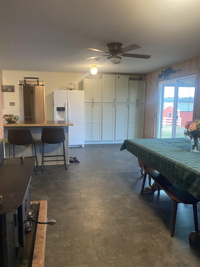 interior space with ceiling fan and a textured ceiling