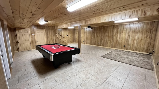 playroom featuring wood walls, billiards, and wood ceiling