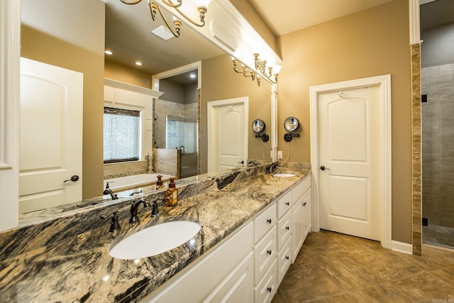 bathroom featuring plus walk in shower and vanity