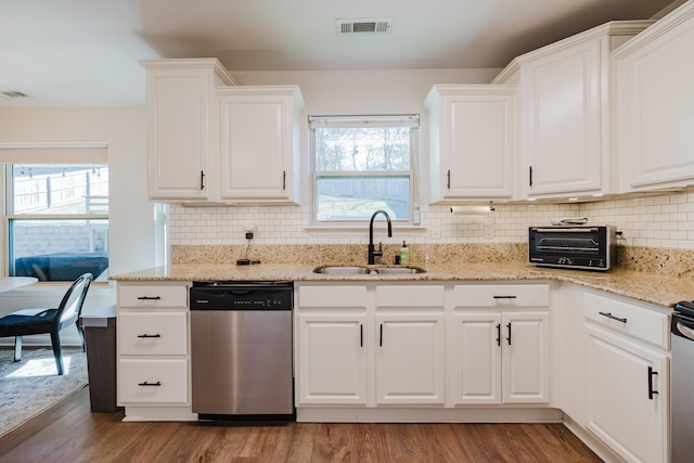 kitchen with sink, stainless steel dishwasher, and white cabinets