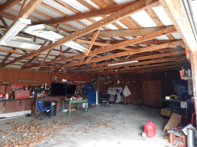 garage with a workshop area