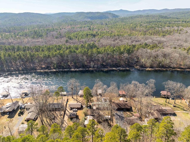 drone / aerial view featuring a water and mountain view