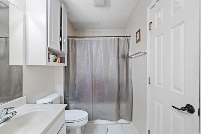 full bathroom with vanity, shower / bath combination with curtain, a textured ceiling, tile patterned flooring, and toilet