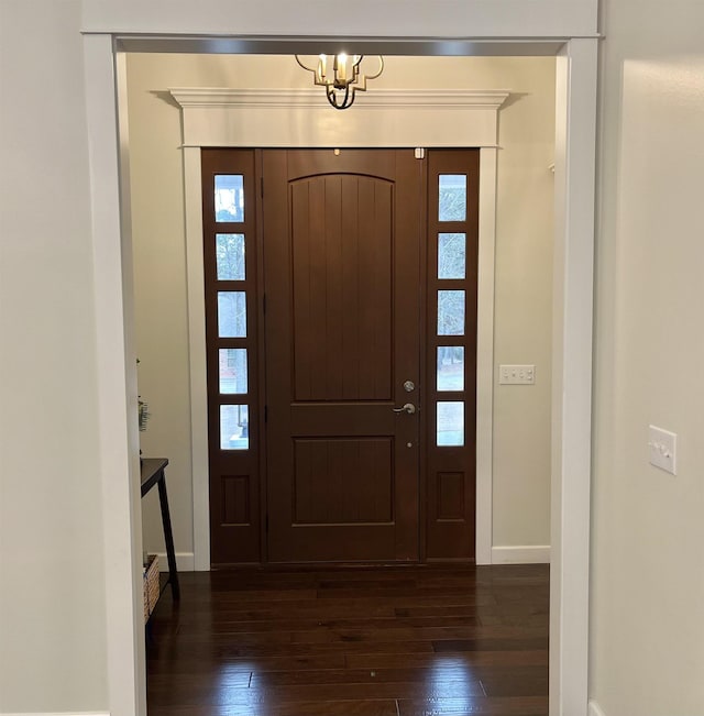 foyer with a healthy amount of sunlight, dark wood finished floors, and baseboards