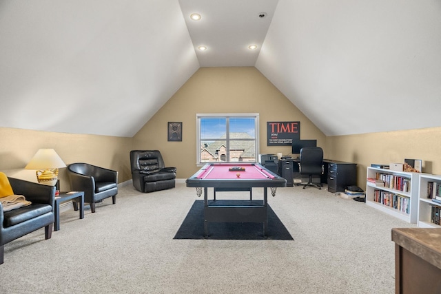 recreation room featuring billiards, vaulted ceiling, and carpet flooring