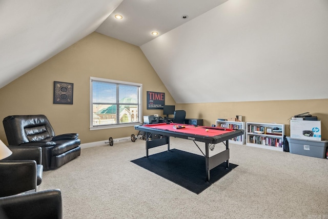 rec room featuring lofted ceiling and carpet floors