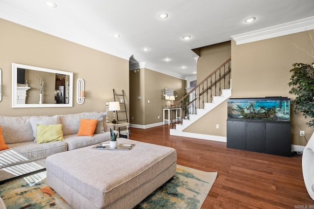 living room with crown molding and dark hardwood / wood-style floors