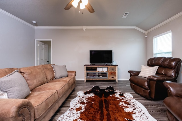 living room featuring dark hardwood / wood-style flooring, ornamental molding, vaulted ceiling, and ceiling fan