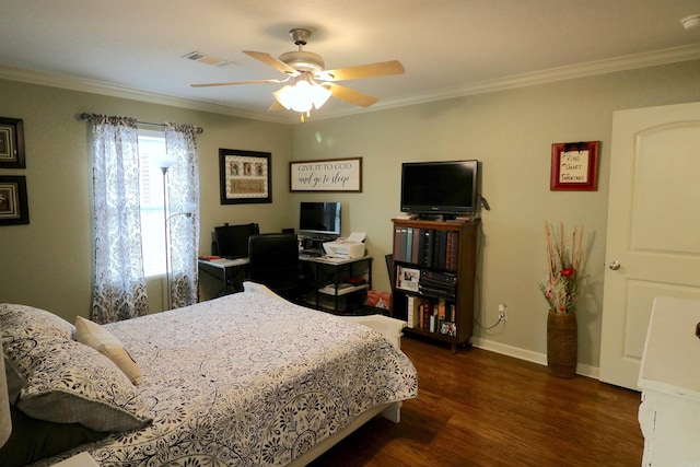 bedroom with ceiling fan, ornamental molding, and dark hardwood / wood-style flooring