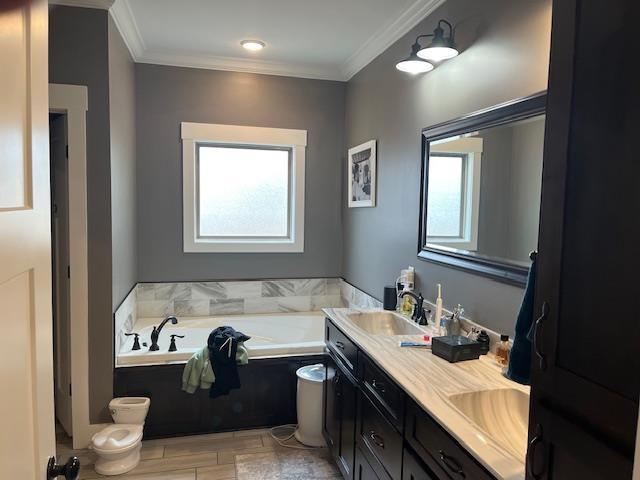 bathroom featuring vanity, crown molding, and a bath