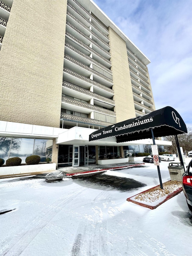 view of snow covered building