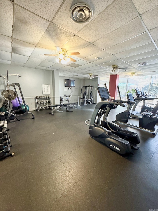 exercise room featuring ceiling fan and a drop ceiling