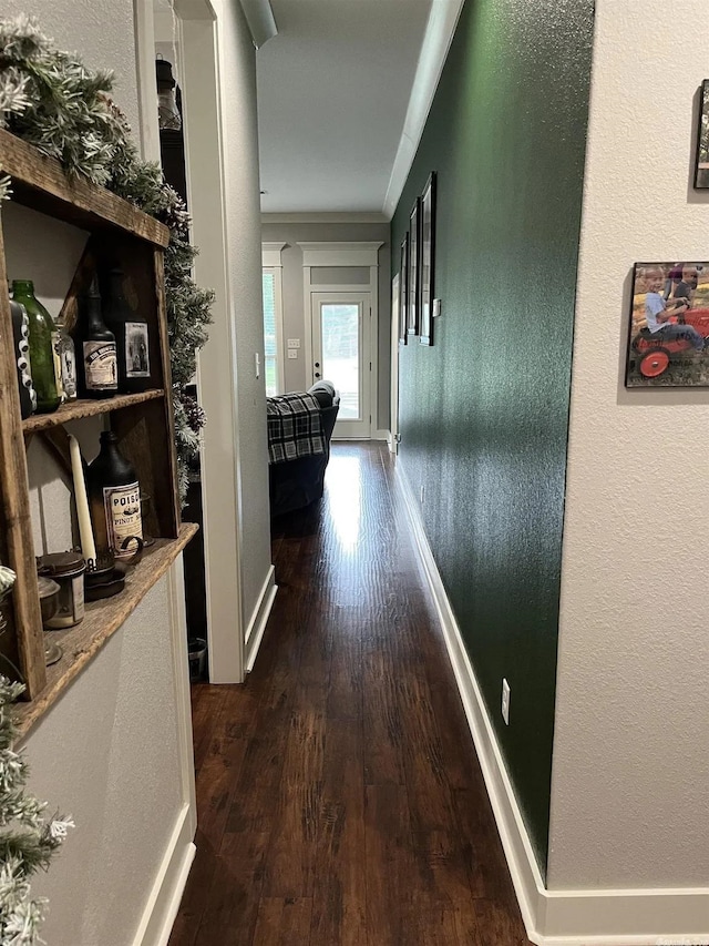 hallway featuring baseboards, a textured wall, dark wood-type flooring, and crown molding