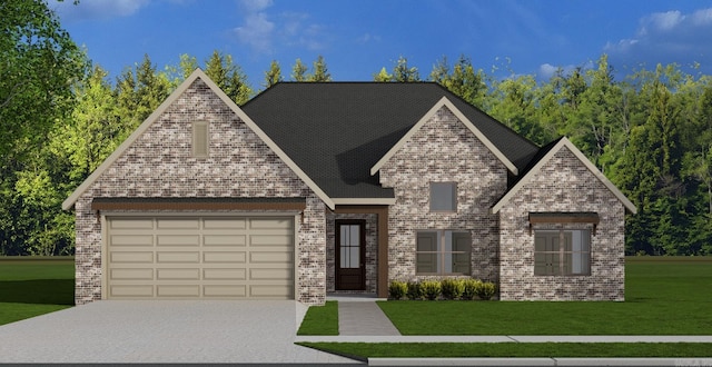 view of front of house with a front yard, brick siding, driveway, and an attached garage